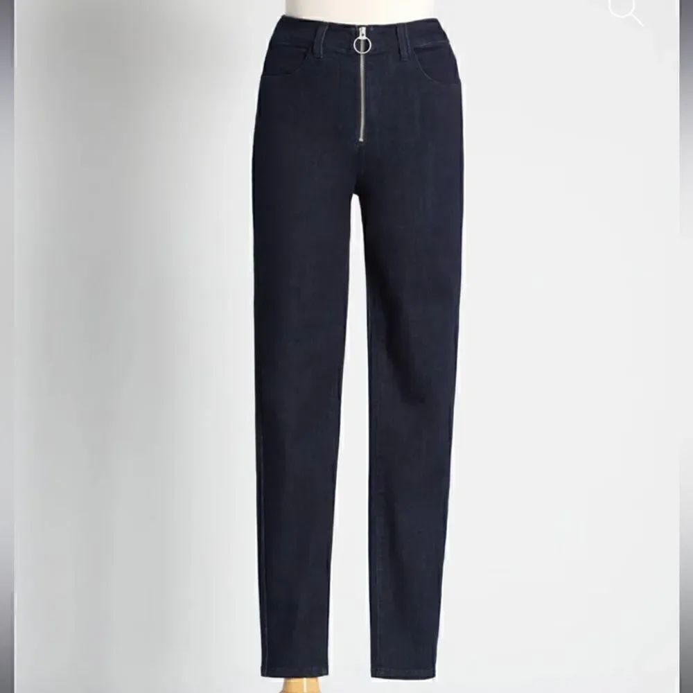 Modcloth By All Means Exposed Zip Skinny Jeans High Waist Dark Blue Indigo M